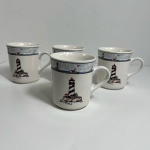 Home Trends Lighthouse Summer Lake Ocean Beach Set of 4 Coffee Tea Cup 8 oz Mugs